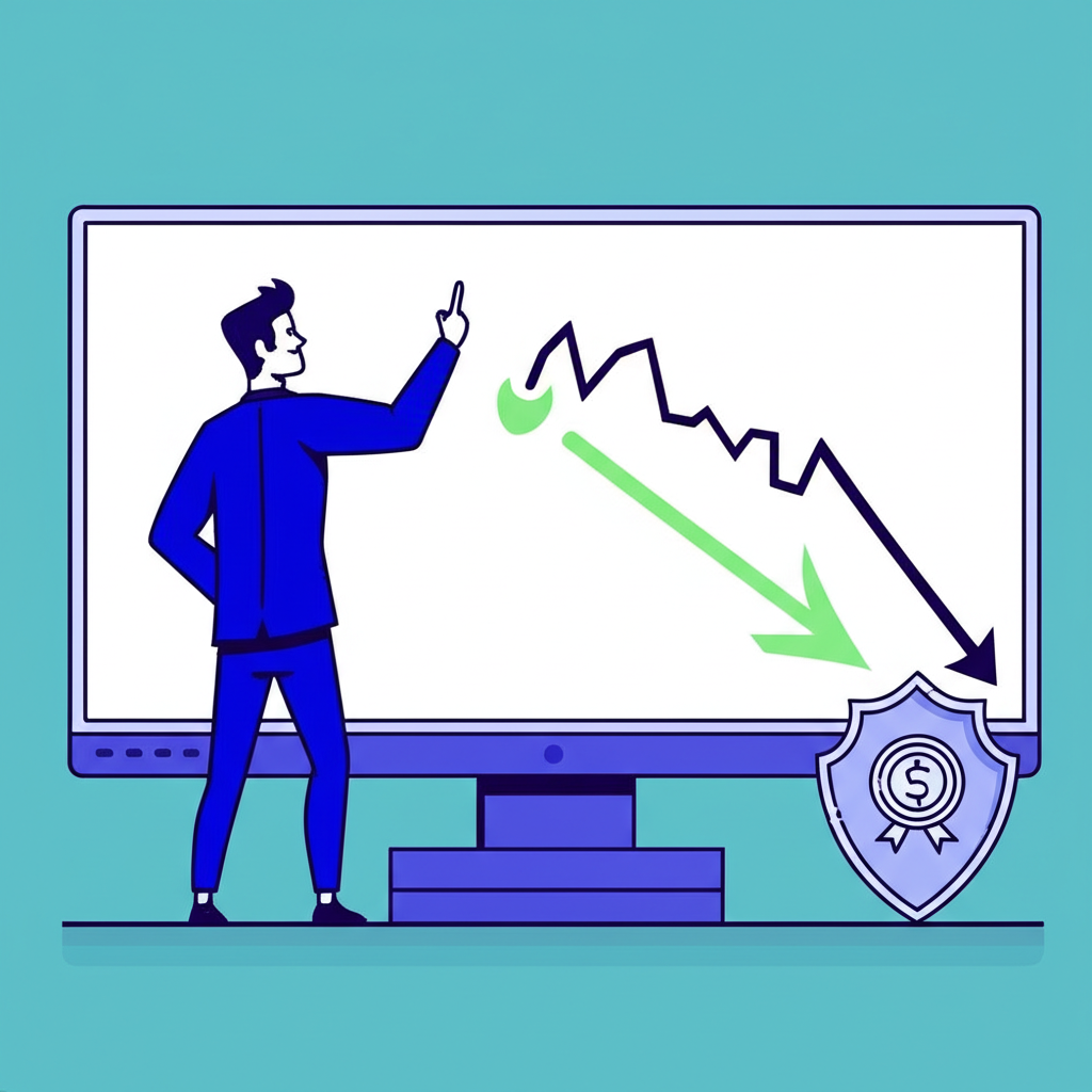 投資人觀察熊市股價走勢,借股賣出後低價買回獲利,並以盾牌象徵避險