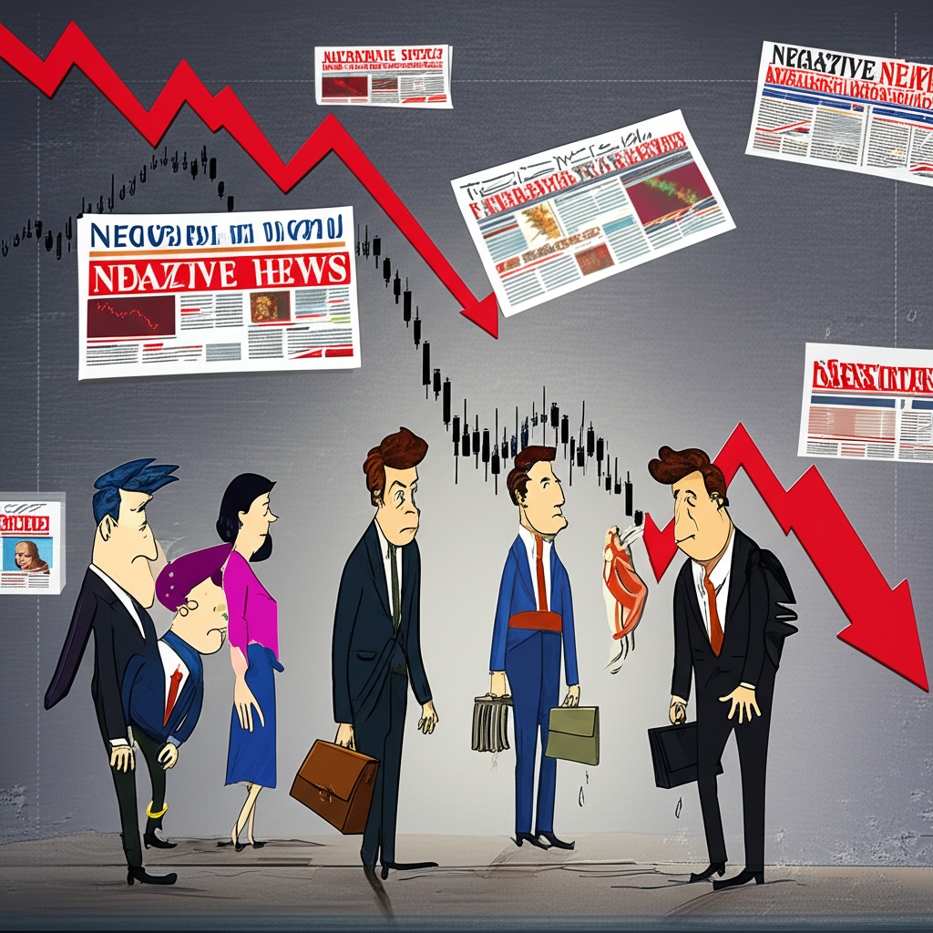 陰鬱金融市場圖,投資人信心低落拋售資產,股價圖表連續下降,負面新聞標題四處可見