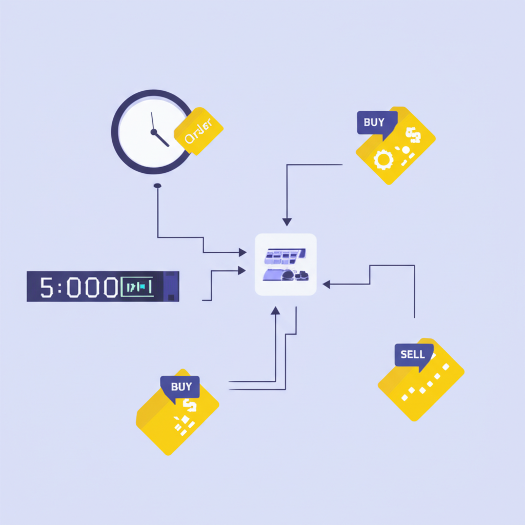 簡化股市系統圖，顯示開盤前資料流動，早晨時鐘與買賣訂單抽象圖示