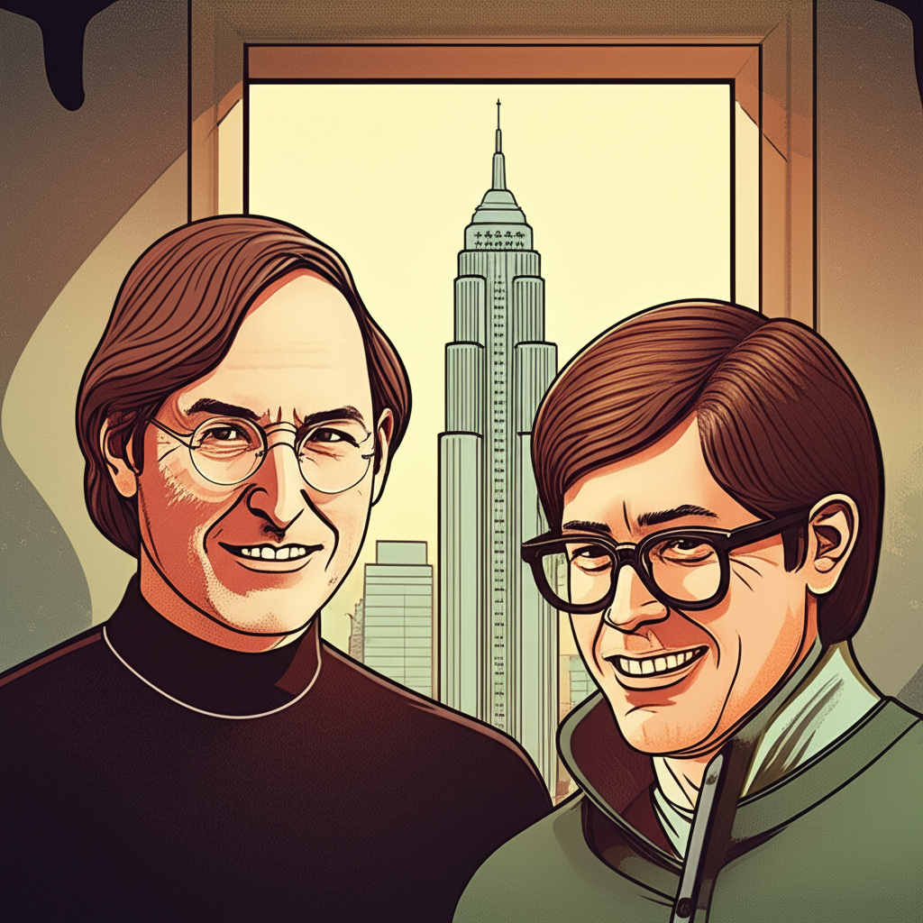 史蒂夫·賈伯斯、史蒂夫·沃茲尼克與羅納德·韋恩於1976年創立蘋果公司,背景為納斯達克交易所大樓插圖