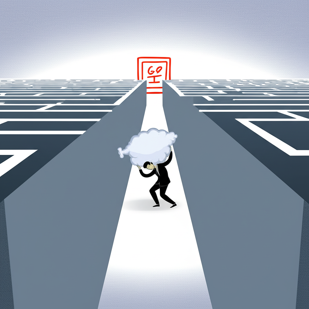 Illustration of a person struggling with invisible friction costs in a maze towards goals