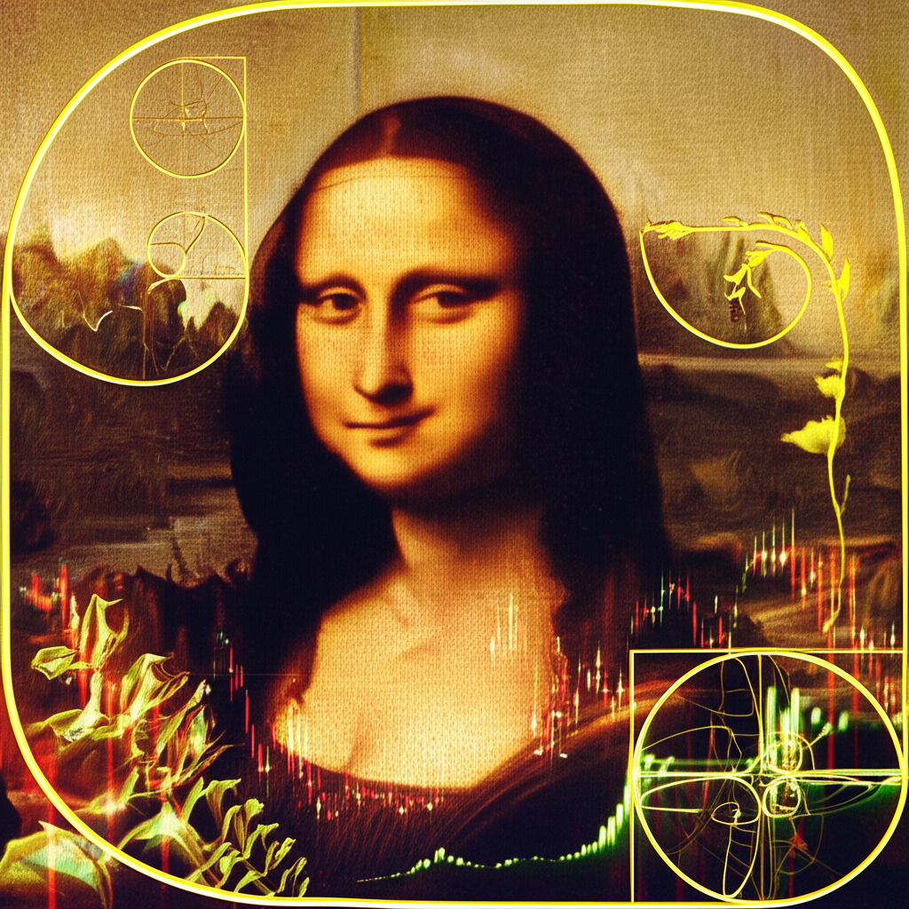 黃金比例1.618連接自然元素如螺旋植物與金融圖表的插圖,背景隱約有蒙娜麗莎