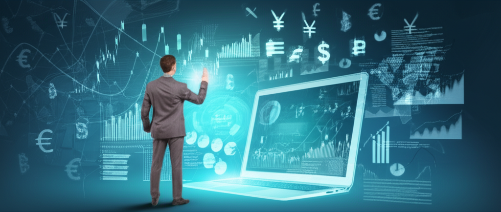 投資人自信導航複雜金融市場的插圖,環繞貨幣符號與圖表,受外匯軟體介面引導,強調效率與安全