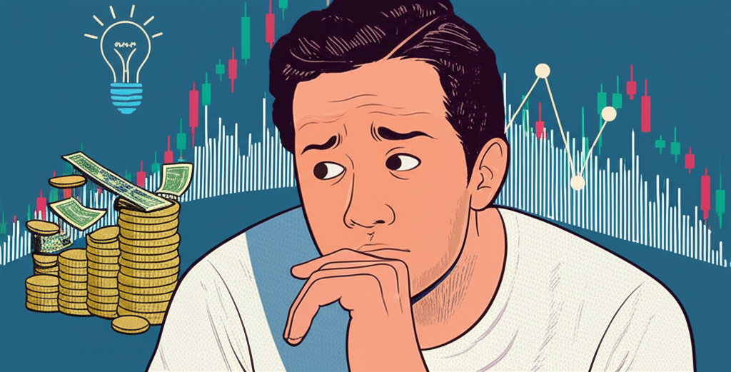 投資者注視閃耀股價圖表,背景浮現成長中的金錢象徵與知識燈泡