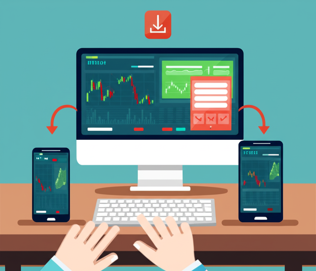 使用者同時操作電腦與手機進行MT5交易示意圖,下載圖示突出顯示,箭頭指向不同裝置代表跨平台存取