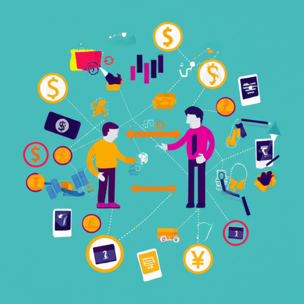 場外交易去中心化市場插圖,展示買賣雙方直接交換資產與金融工具