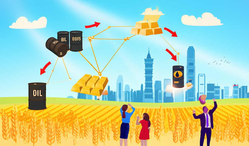 大宗商品如石油桶、黃金條和麥田的插圖，透過全球經濟網絡連接，展示價格波動如何影響台灣與香港投資人的日常生活