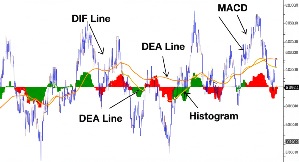 MACD 指標圖表顯示 DIF 線、DEA 線和柱狀圖的互動,背景為股價走勢的插圖