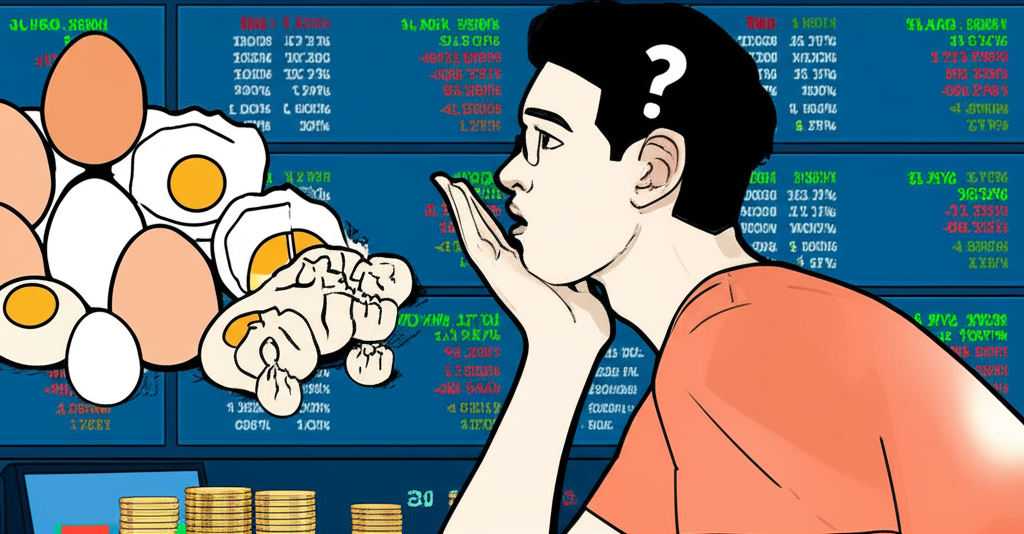 股市中以雞蛋和水餃象徵廉價股票的插圖,投資者對台灣香港市場低價股感到困惑