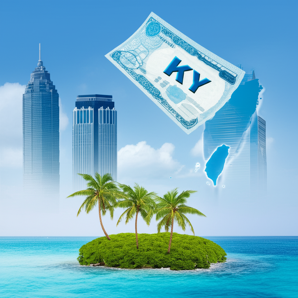 KY股票從開曼群島飛向台灣股市的插圖，背景為現代金融建築地圖