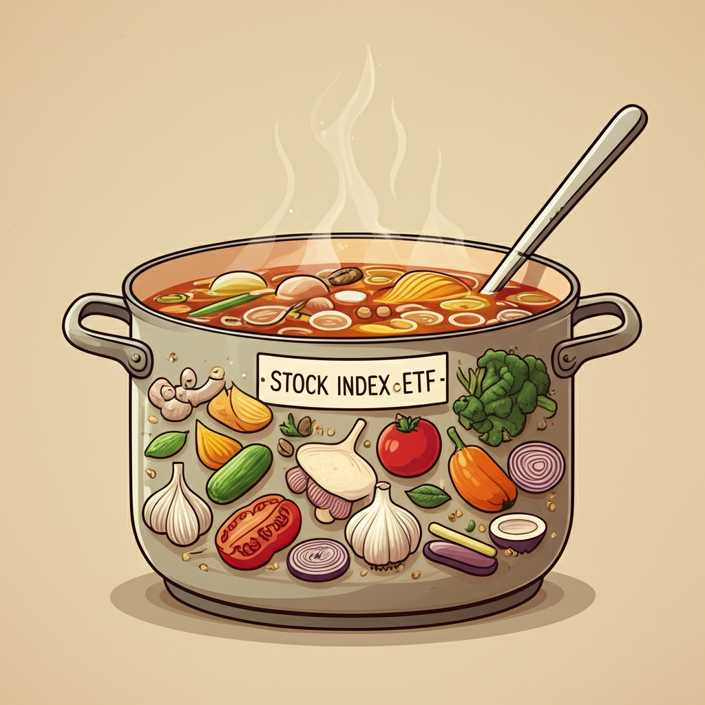大型湯鍋插圖標示股票指數或ETF,內含各種獨特配料代表成分股,強調品質、數量與比例決定整體市場風味