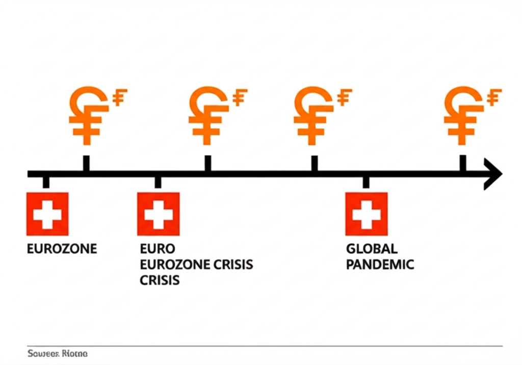 瑞士法郎歷史事件時間線插圖，標註危機與匯率上漲