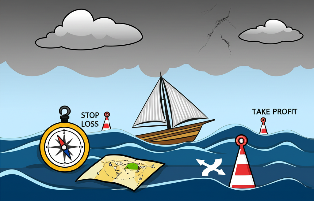 初學交易者駕駛船隻穿越風暴金融海洋,手持策略羅盤與地圖,設定止損止盈保護船隻免沉沒,象徵系統化市場分析