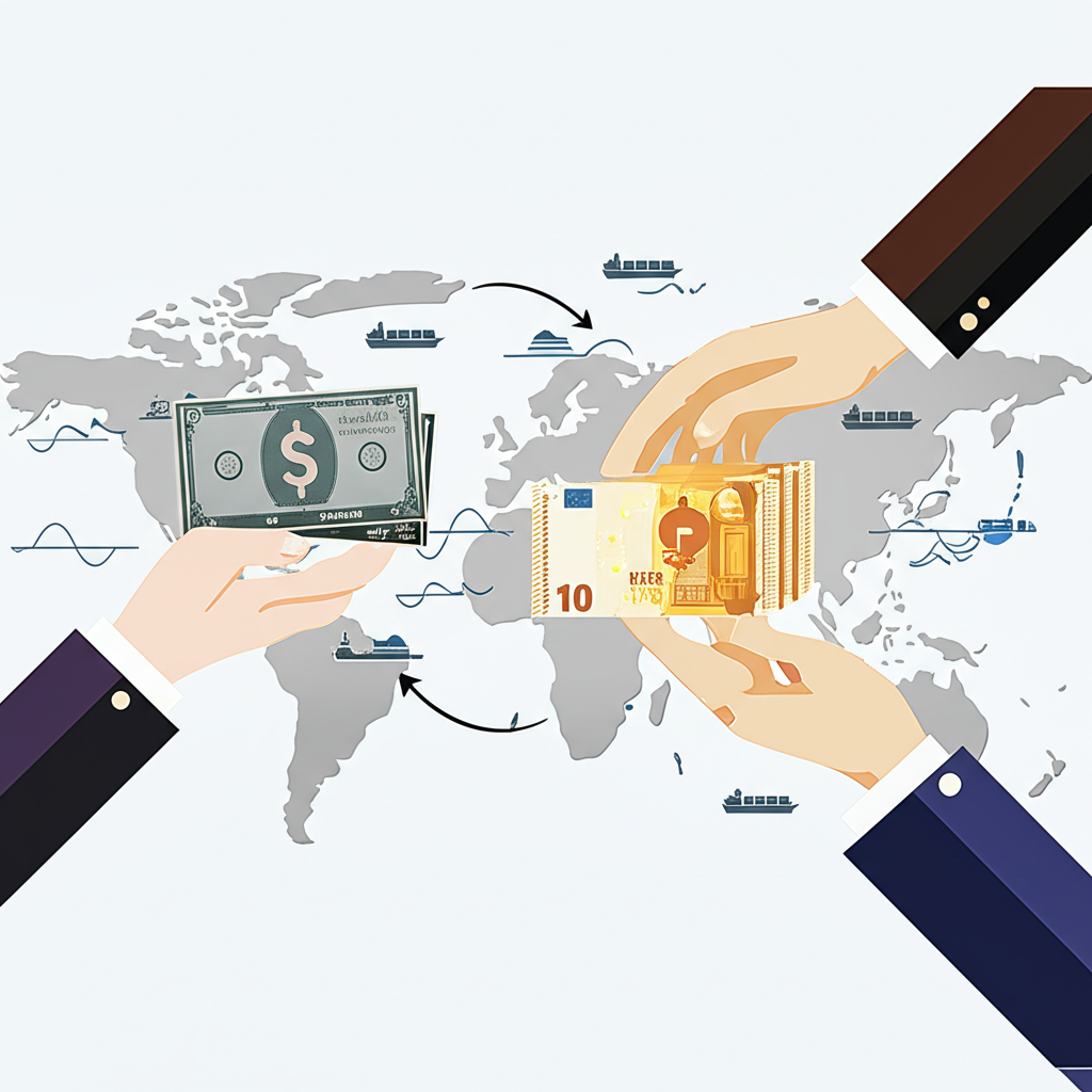 貨幣交換雙手與全球經濟符號，包含利率圖表、貿易船隻及資本流動箭頭