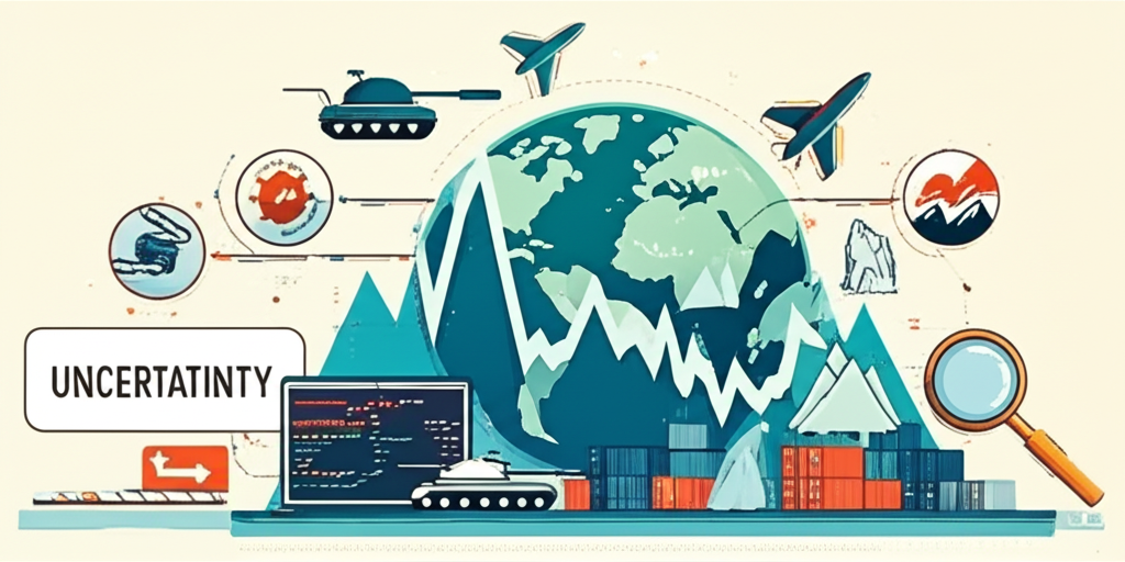 全球不確定性插圖，包含地緣政治衝突、氣候變遷和供應鏈中斷的符號，影響波動的大宗商品市場，並配以分析工具和投資指引