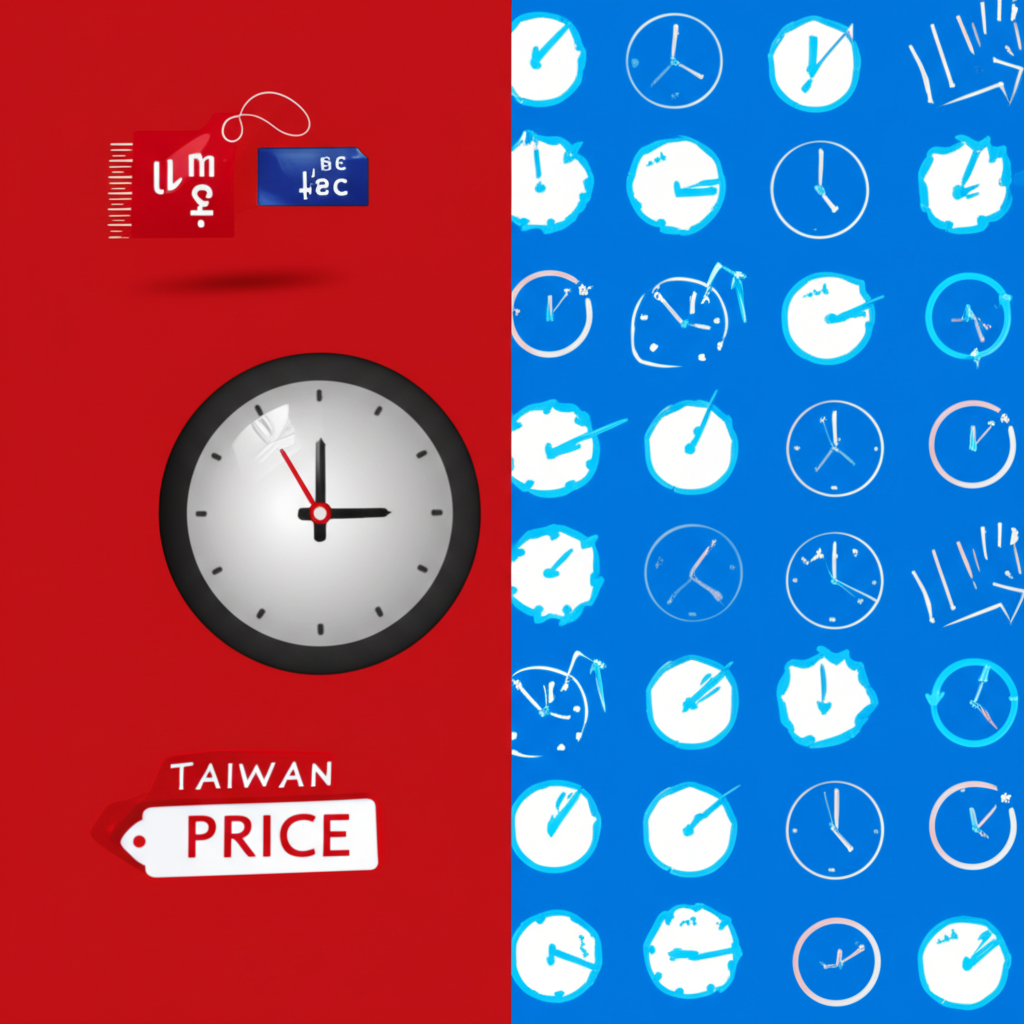 市場分隔插圖,一側代表台灣以時鐘和固定價格標籤示意,另一側代表美國以多個時鐘和多元訂單類型暗示隱藏風險