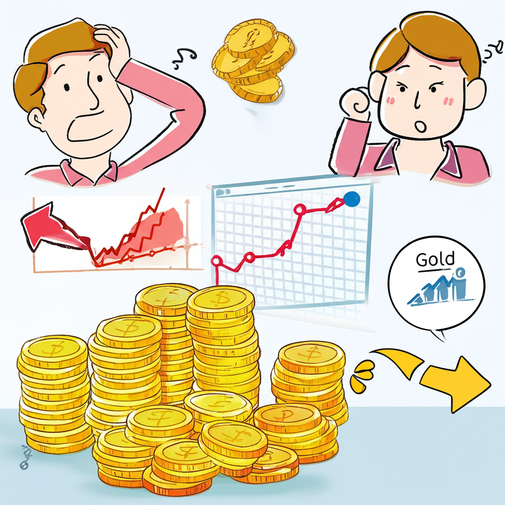 Illustration of a confused investor understanding gold ETF with charts and golden coins