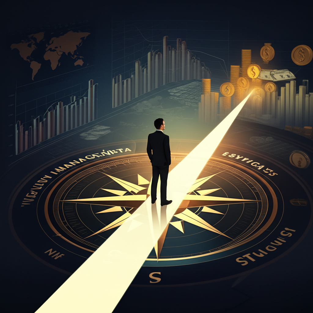 財務指南針引導個人穿越複雜財務世界,象徵淨值與財富管理的重要性