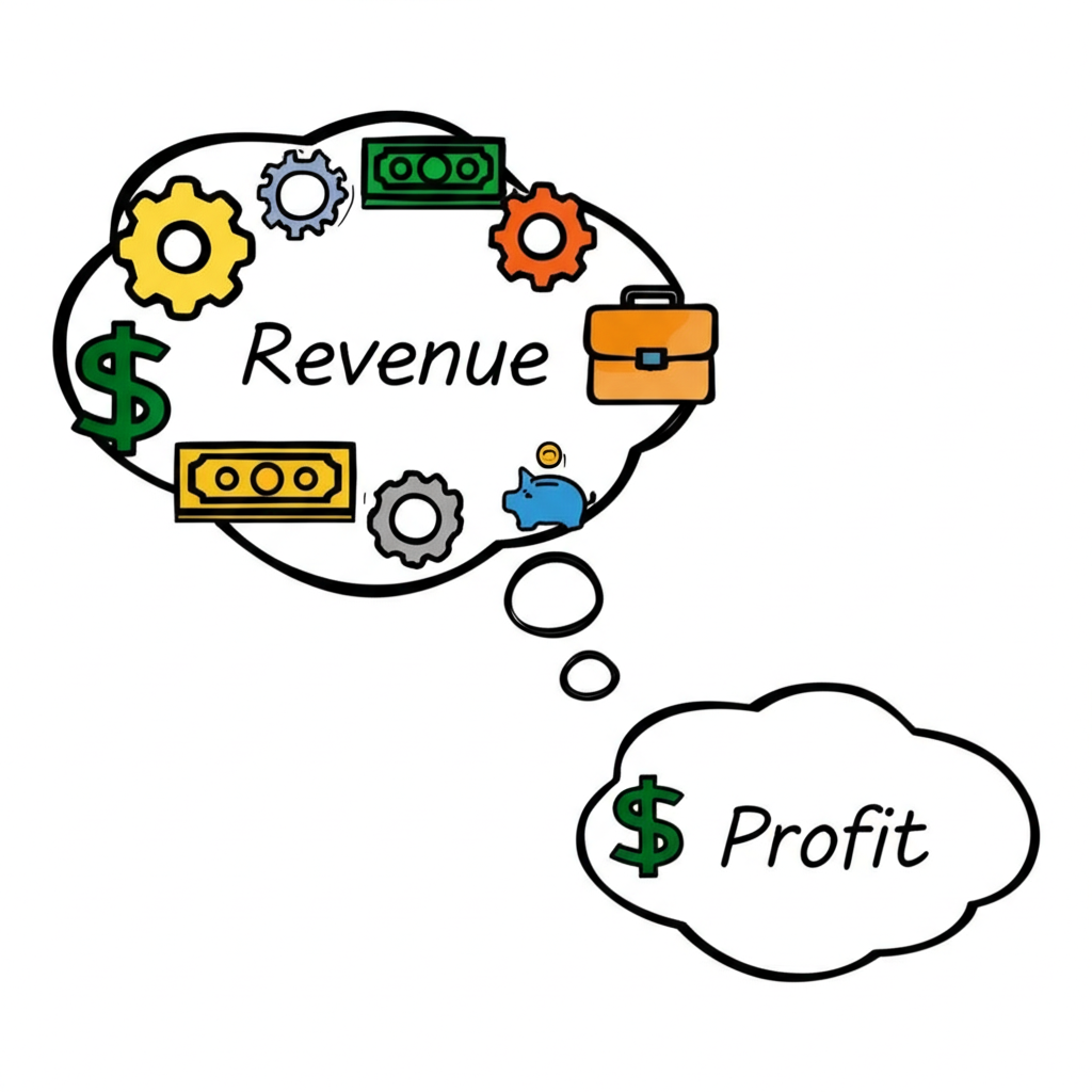 收益與利潤的比較圖示，顯示成本從收益流出