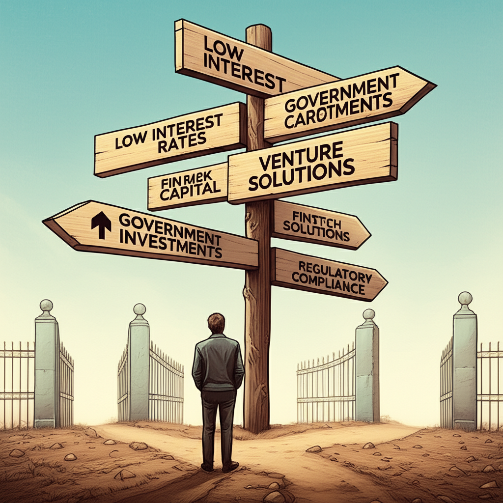 融資條件路口圖示，顯示不同金融路徑與監管門檻，強調投資人保護