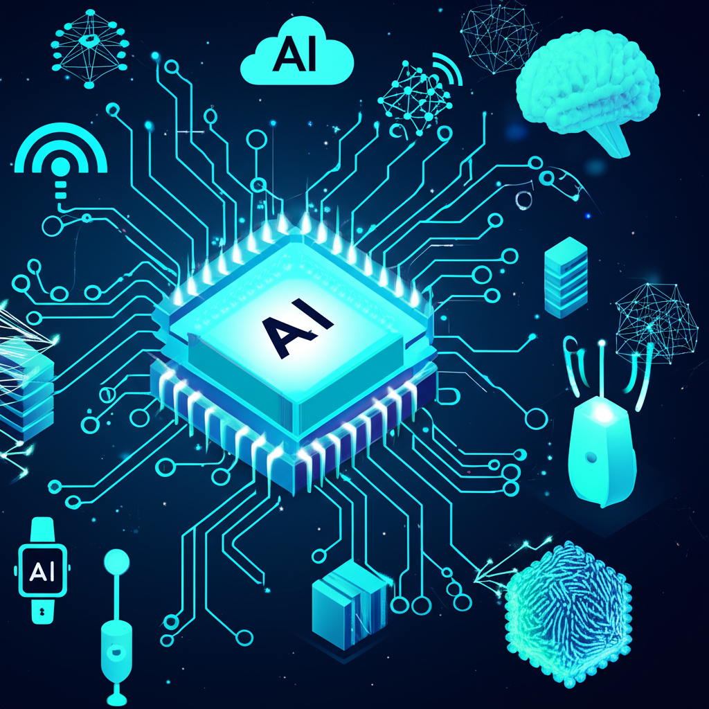 各種技術如人工智慧神經網絡、物聯網裝置、雲端運算符號圍繞中央數據核心互動的插圖,代表創新