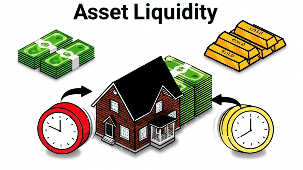 不同資產如現金、黃金與房產變現速度的圖示,展示資產流動性的階梯