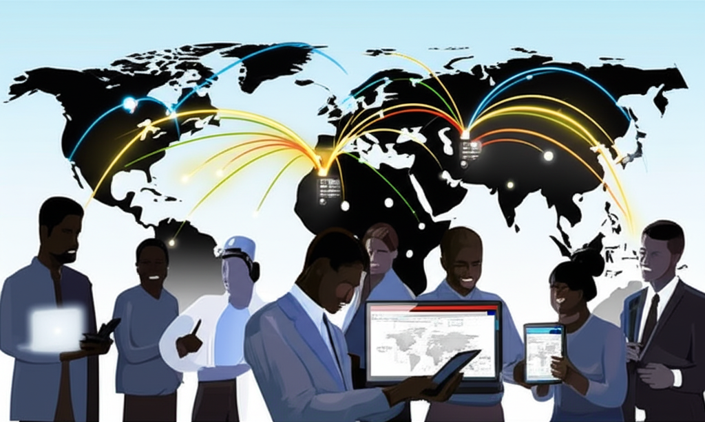 全球交易者使用 MetaTrader 4 平台的插圖,展示不同裝置上的操作與全球市場連接