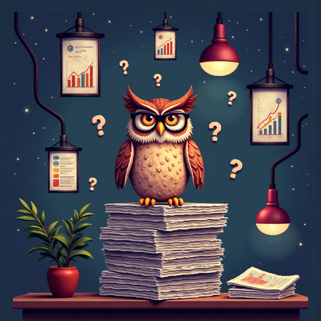 智慧貓頭鷹戴眼鏡分析財務報告與圖表像素藝術,象徵深度洞察