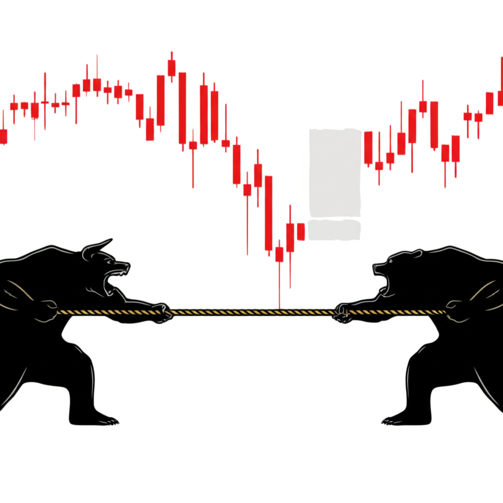 多空力量拉鋸戰導致平衡狀態的十字線插圖