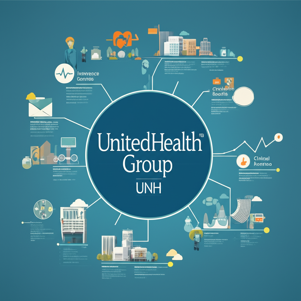 聯合健康集團UNH作為醫療保健巨擘的插圖,展示多元服務與財務成長,象徵其市場影響力和投資價值