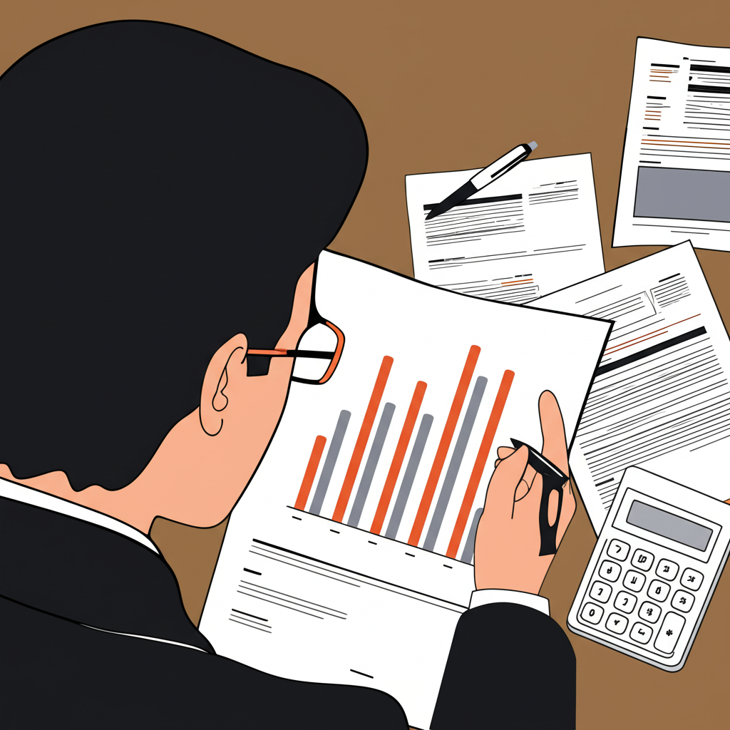 企業主查看利潤成長圖表與財務文件插圖
