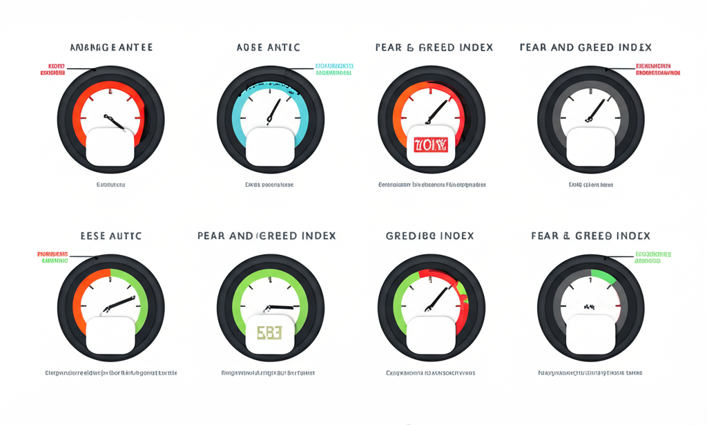 恐懼與貪婪指數儀表板插圖,包含七個不同指標的量規,展現市場情緒組成