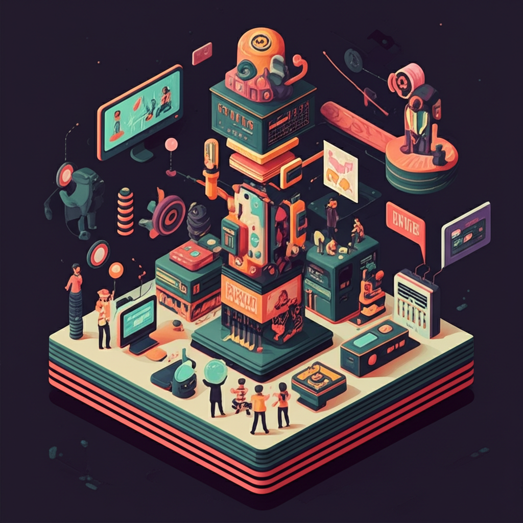 插圖描繪整合PSY各面向的平台，涵蓋流行文化、金融與學術領域，融入次文化、遊戲及迷幻音樂元素