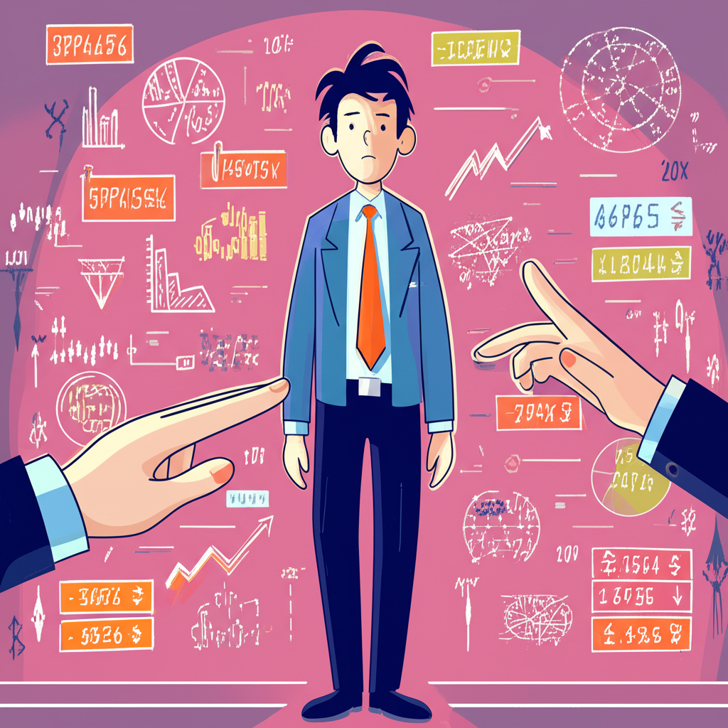 困惑的新手投資者被股票圖表和數字包圍,一雙引導的手指向自信投資之路,插圖風格