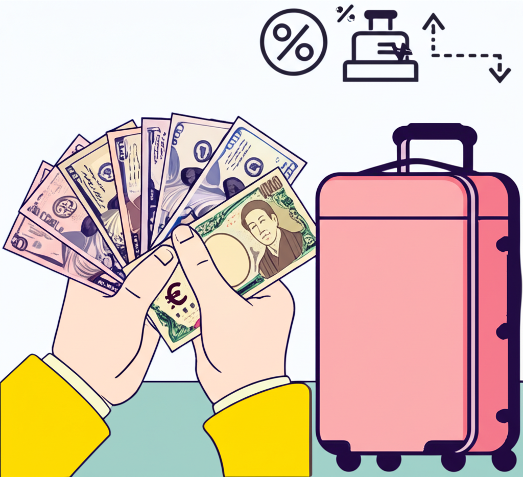 人手持各種外幣紙鈔如美元歐元日圓,旁邊有旅行箱和銀行櫃檯,小圖示顯示交易成本,插圖風格