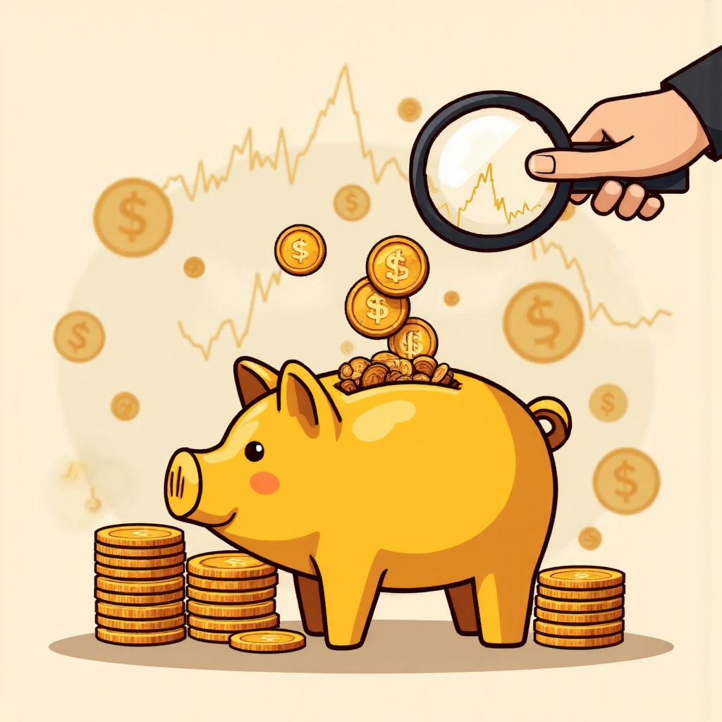 象徵金融成長的金豬撲滿溢出硬幣與股票圖表，手持放大鏡檢視交易細節的像素藝術插圖