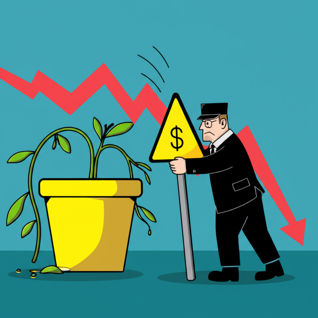 掙扎中的公司如枯萎植物,股價圖表暴跌至1元以下,台灣證交所監管者放置警示標誌,象徵財務困境與下市風險