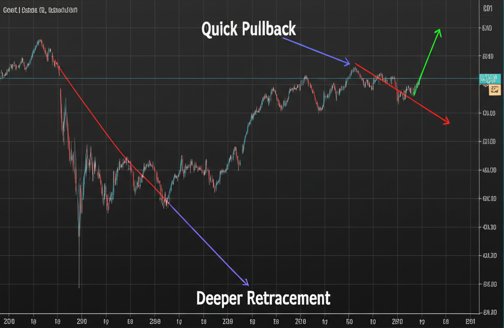 股市圖表呈現兩條不同路徑，一條為快速淺層回調，另一條為較深層修正，並標註其細微差異（插圖風格）