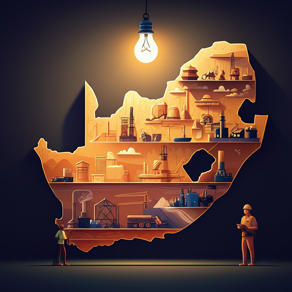 南非作為充滿活力的經濟引擎，展示多元產業與高失業、嚴重不平等及能源危機的陰影對比插圖