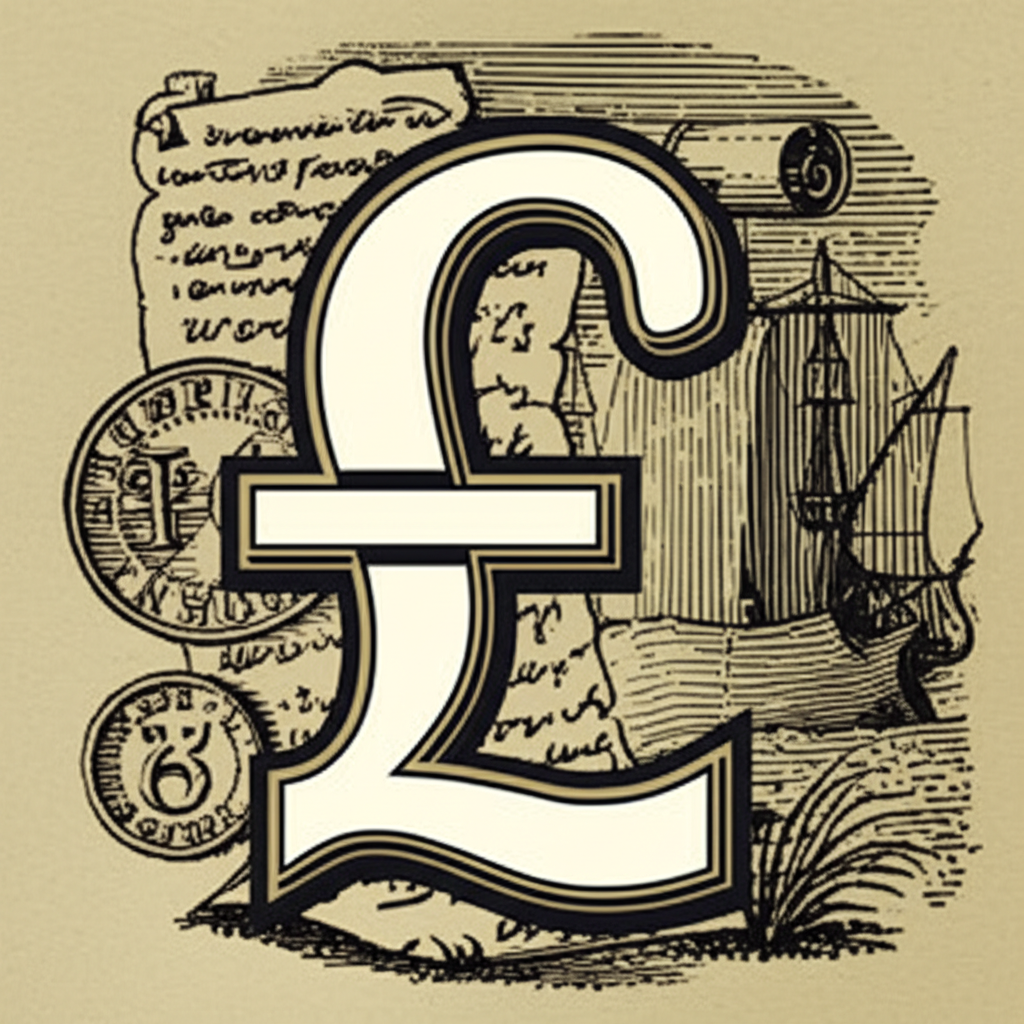 英鎊符號,一個帶兩條橫線的造型 L,周圍環繞代表其古老起源與穩定的歷史元素,復古插圖