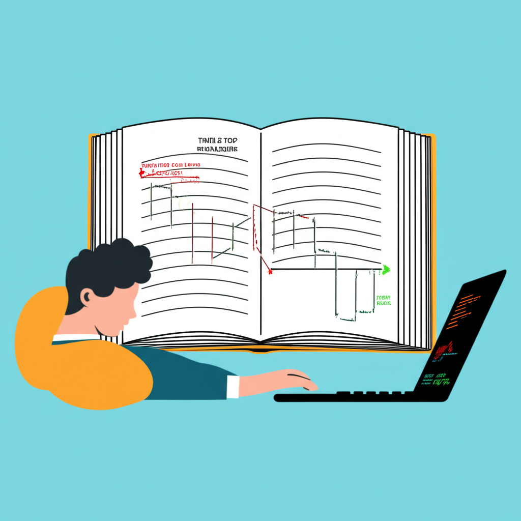 書籍顯示三重頂與頭肩頂圖表及交易策略插圖,分析師使用筆電檢視進場、停損與目標價位,避免假突破