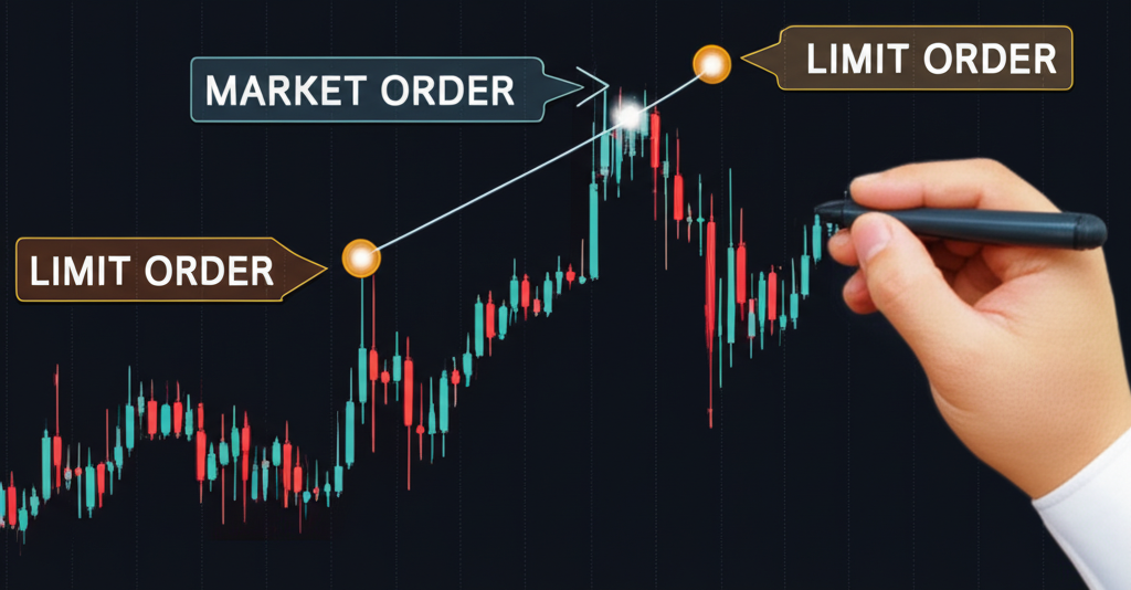 An illustration of a dynamic stock market chart with various order types like market and limit orders actively being placed by a trader