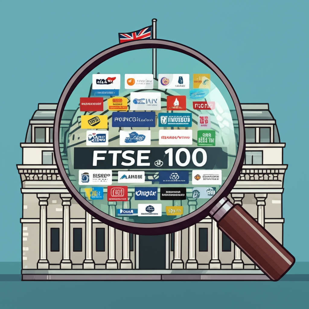 倫敦證券交易所建築與100家英國企業標誌的富時100概念插圖,放大鏡強調經濟指標角色