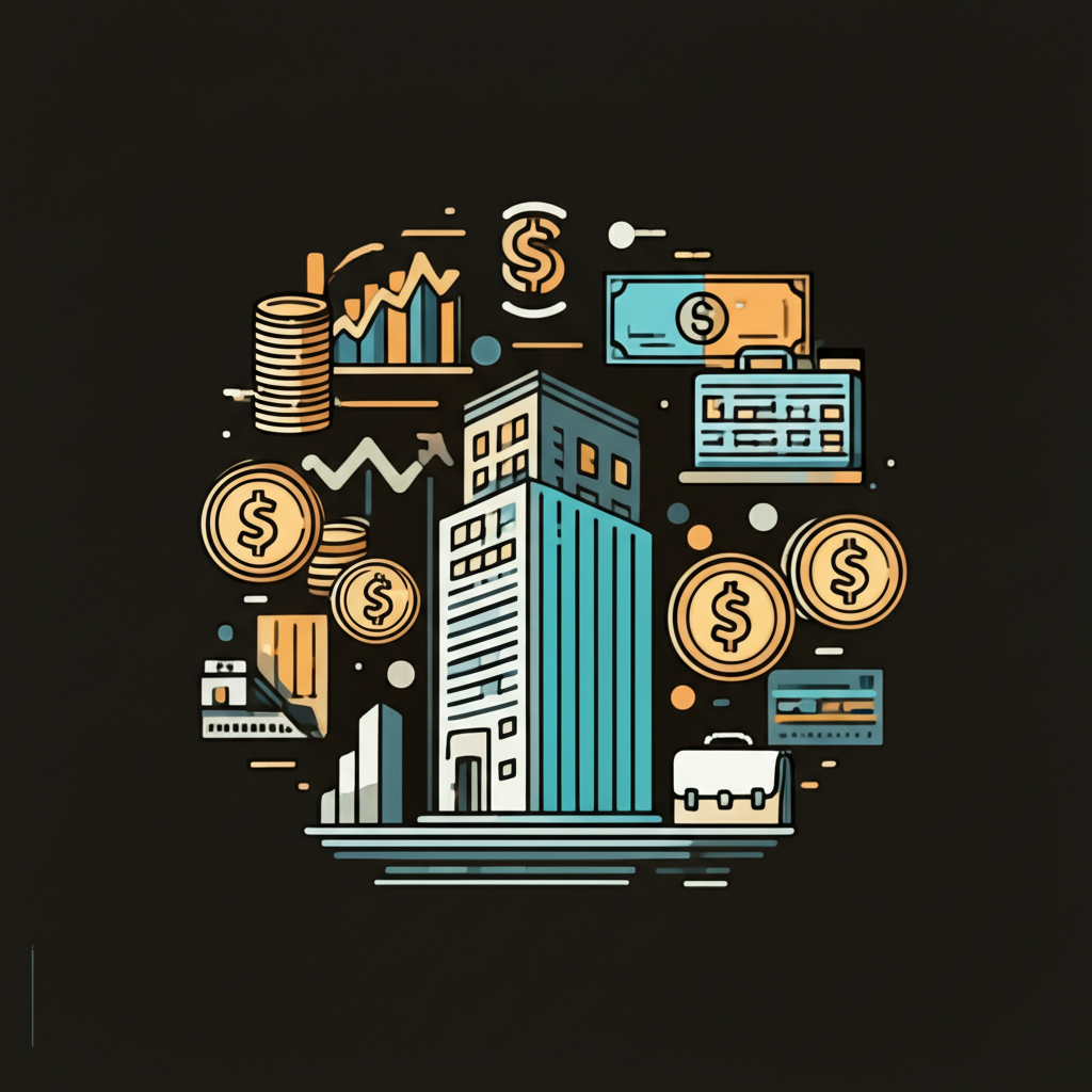 德意志銀行多元金融服務插圖,包括企業金融、投資銀行、私人銀行與財富管理,以各種金融符號呈現