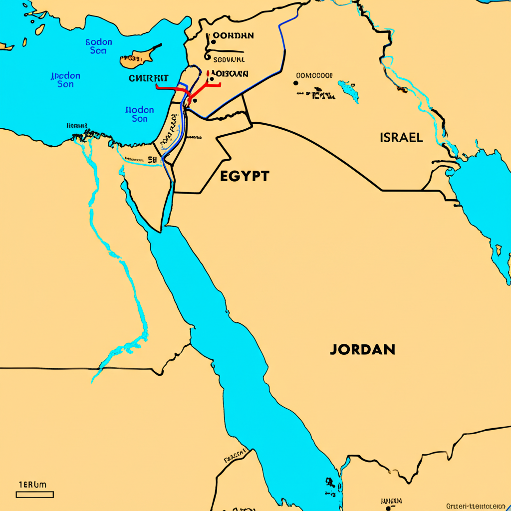 中東複雜地緣政治地圖,以色列天然氣管道連接埃及和約旦並延伸至歐洲,突顯區域衝突中的能源外交