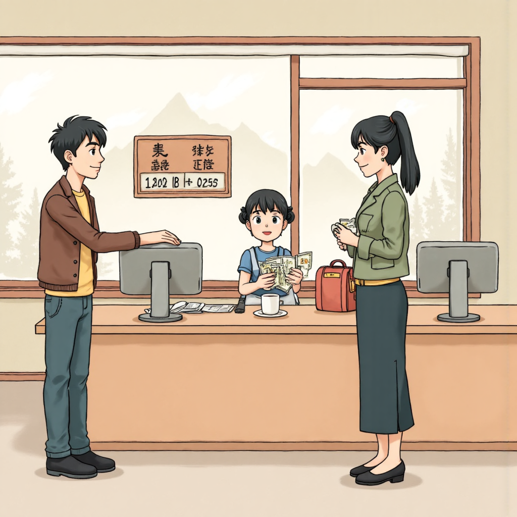 台灣讀者在現代銀行櫃檯兌換瑞士法郎像素藝術插圖,背景為瑞士阿爾卑斯山