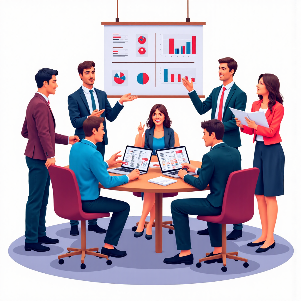 投資者群體圍桌討論風險回報比圖表的像素藝術插圖，營造教育氛圍