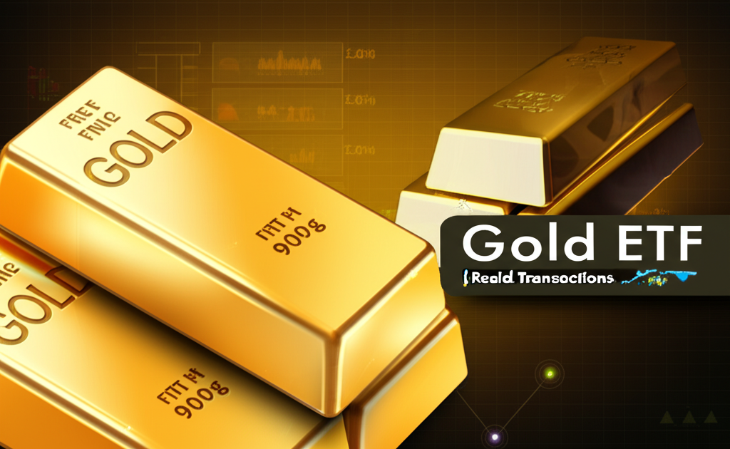 股票市場螢幕顯示黃金ETF交易,背景包含實體金條和黃金期貨合約,象徵其追蹤機制