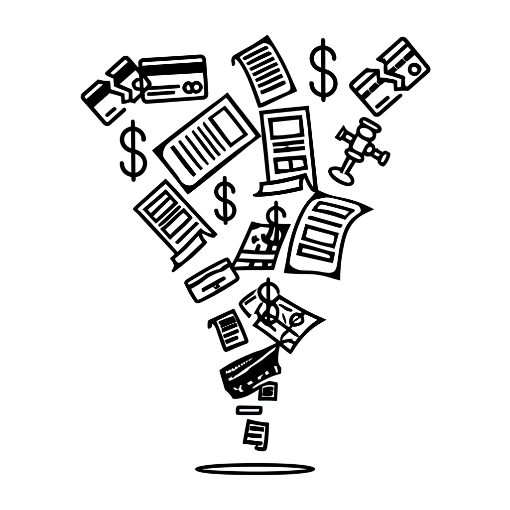 單一股票違約交割引發連鎖問題,象徵財務損失、壞信用卡及法律文件向下螺旋