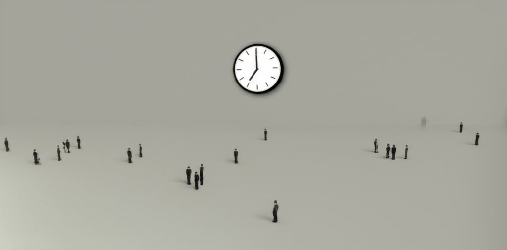 稀疏市場插圖,僅少數小人物代表買賣方在廣闊空蕩交易廳中,大時鐘緩慢滴答,象徵漫長等待與未成交訂單,強調低流動性